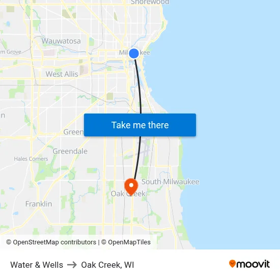 Water & Wells to Oak Creek, WI map