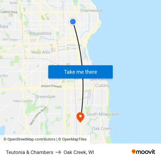 Teutonia & Chambers to Oak Creek, WI map