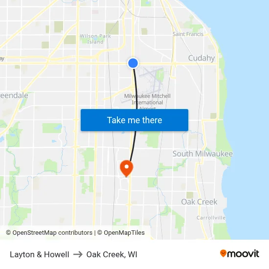 Layton & Howell to Oak Creek, WI map