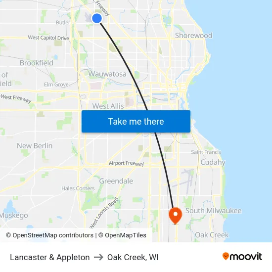 Lancaster & Appleton to Oak Creek, WI map
