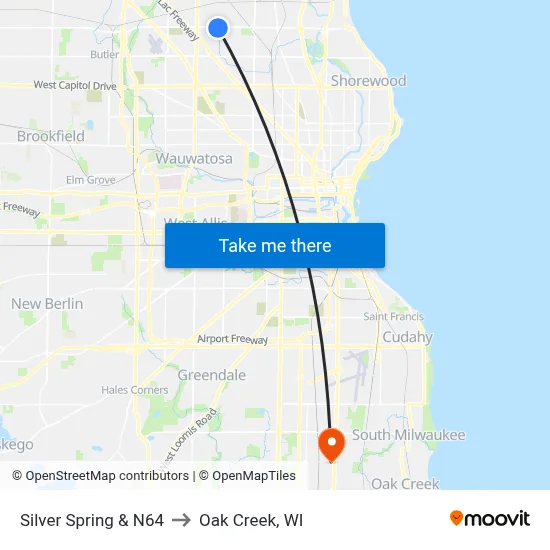 Silver Spring & N64 to Oak Creek, WI map