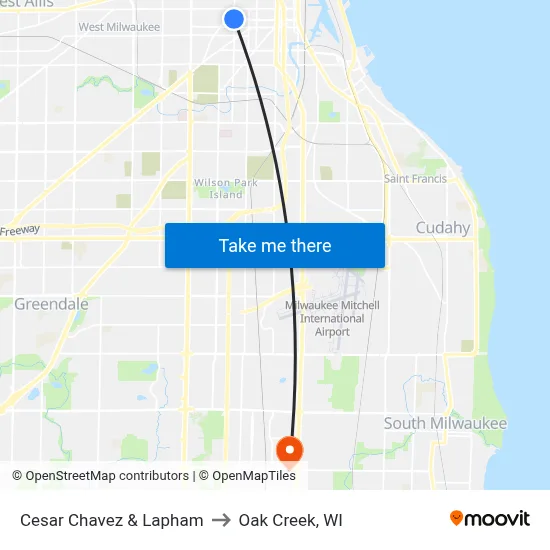 Cesar Chavez & Lapham to Oak Creek, WI map