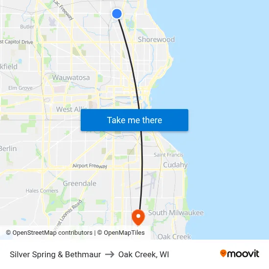 Silver Spring & Bethmaur to Oak Creek, WI map
