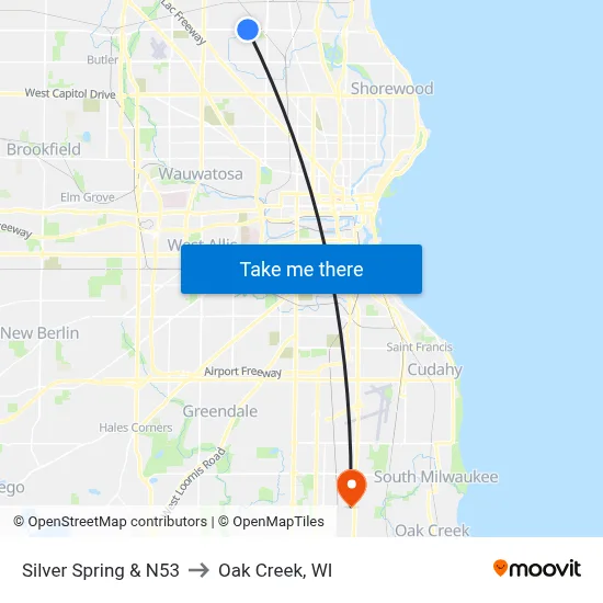 Silver Spring & N53 to Oak Creek, WI map