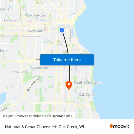 National & Cesar Chavez to Oak Creek, WI map