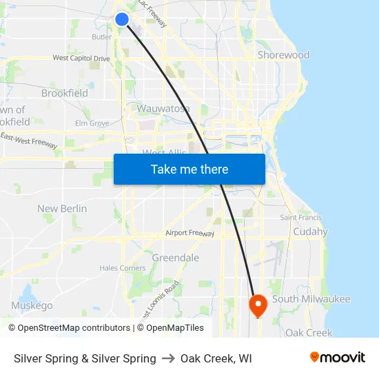 Silver Spring & Silver Spring to Oak Creek, WI map