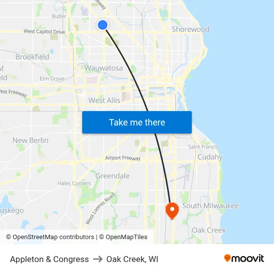 Appleton & Congress to Oak Creek, WI map