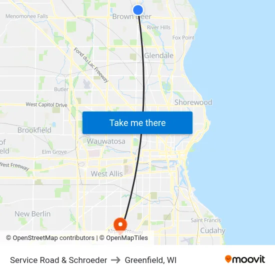 Service Road & Schroeder to Greenfield, WI map