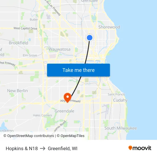Hopkins & N18 to Greenfield, WI map