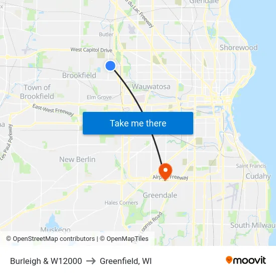 Burleigh & W12000 to Greenfield, WI map
