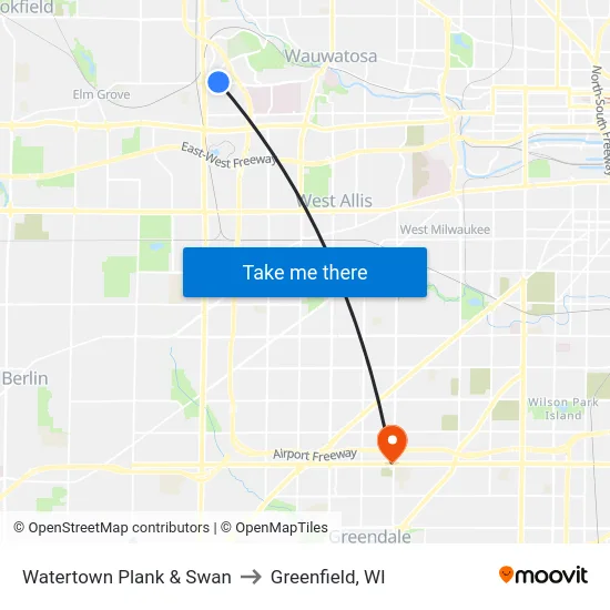 Watertown Plank & Swan to Greenfield, WI map