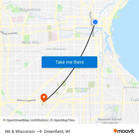 N6 & Wisconsin to Greenfield, WI map