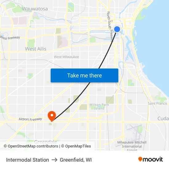 Intermodal Station to Greenfield, WI map