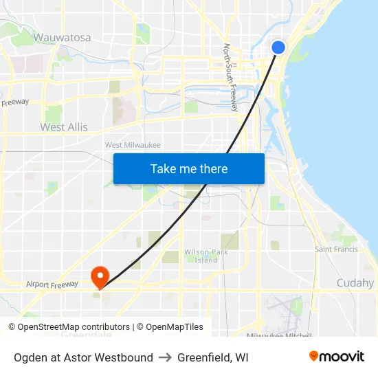 Ogden at Astor Westbound to Greenfield, WI map