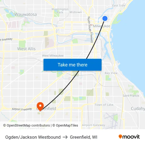 Ogden/Jackson Westbound to Greenfield, WI map