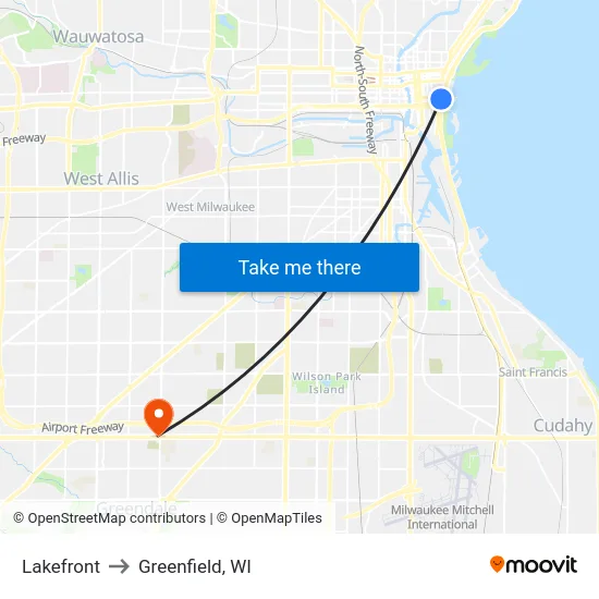 Lakefront to Greenfield, WI map