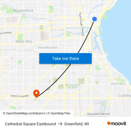 Cathedral Square Eastbound to Greenfield, WI map