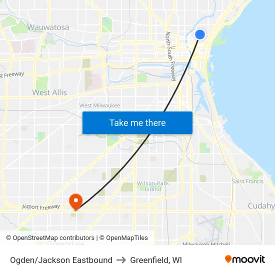 Ogden/Jackson Eastbound to Greenfield, WI map