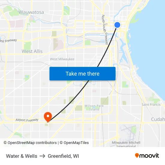 Water & Wells to Greenfield, WI map