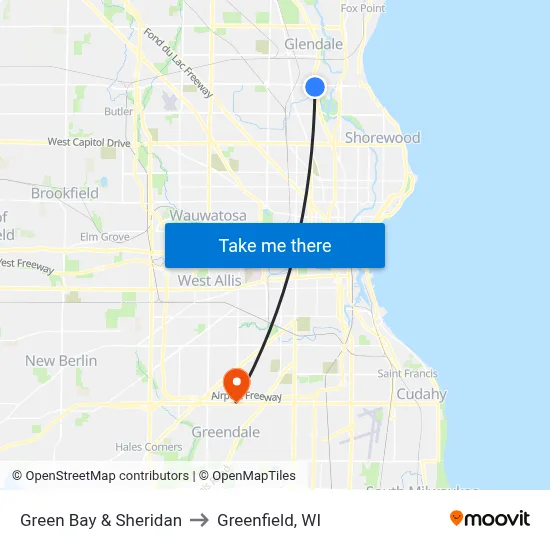 Green Bay & Sheridan to Greenfield, WI map