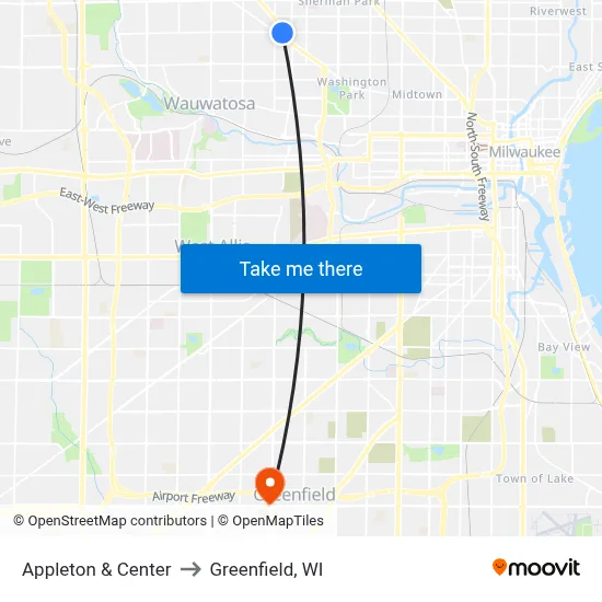 Appleton & Center to Greenfield, WI map