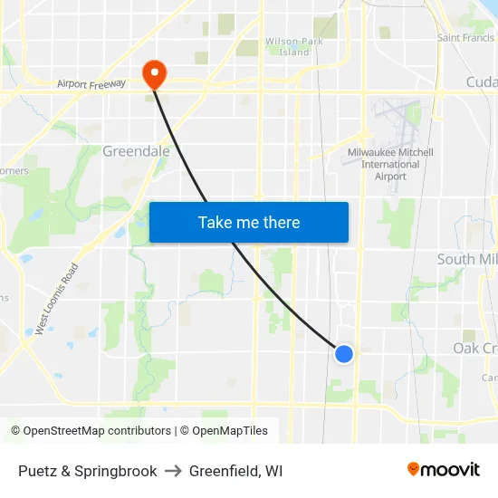 Puetz & Springbrook to Greenfield, WI map