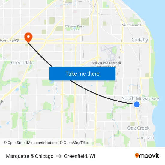 Marquette & Chicago to Greenfield, WI map