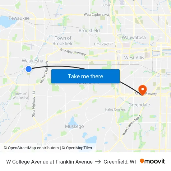 W College Avenue at Franklin Avenue to Greenfield, WI map