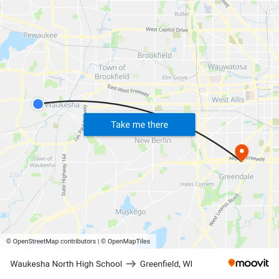 Waukesha North High School to Greenfield, WI map