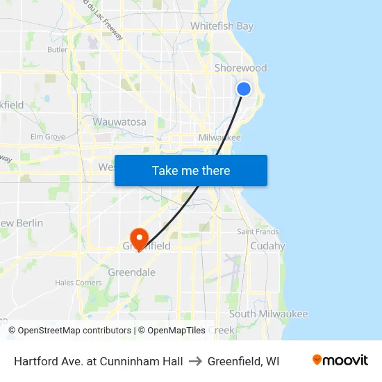 Hartford Ave. at Cunninham Hall to Greenfield, WI map