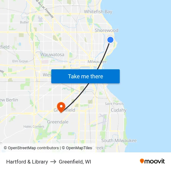 Hartford & Library to Greenfield, WI map