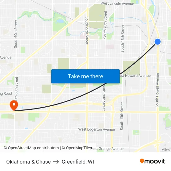 Oklahoma & Chase to Greenfield, WI map