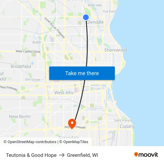 Teutonia & Good Hope to Greenfield, WI map