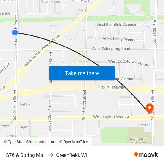 S76 & Spring Mall to Greenfield, WI map