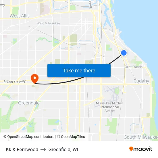 Kk & Fernwood to Greenfield, WI map