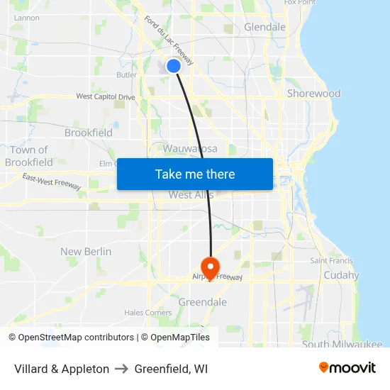 Villard & Appleton to Greenfield, WI map