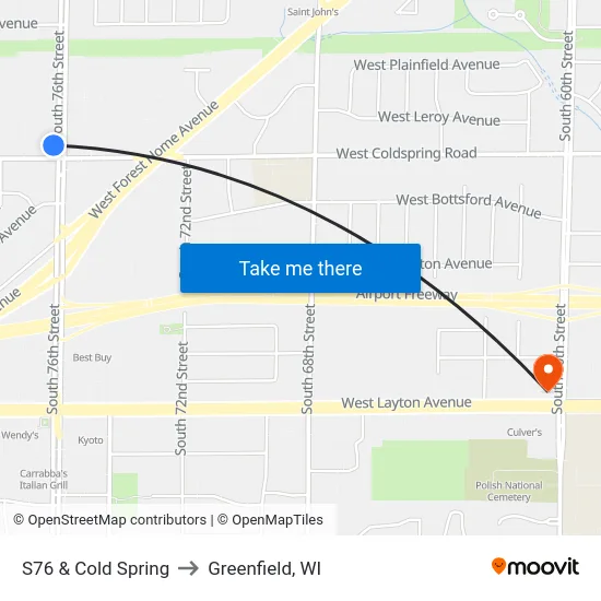 S76 & Cold Spring to Greenfield, WI map