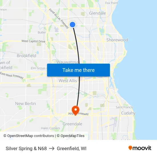 Silver Spring & N68 to Greenfield, WI map