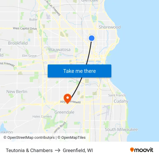 Teutonia & Chambers to Greenfield, WI map
