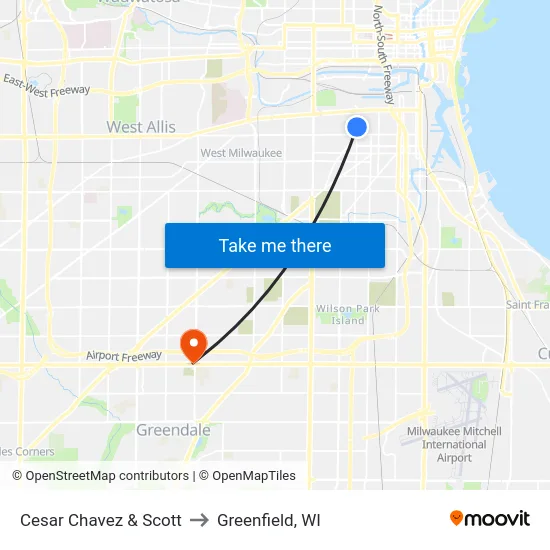 Cesar Chavez & Scott to Greenfield, WI map