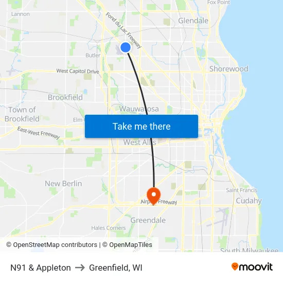 N91 & Appleton to Greenfield, WI map