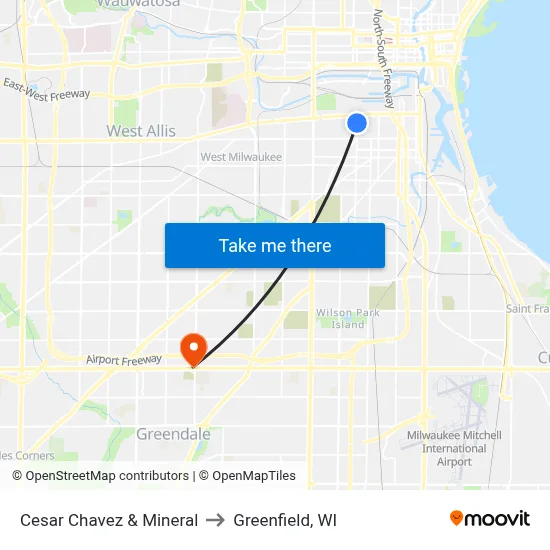 Cesar Chavez & Mineral to Greenfield, WI map