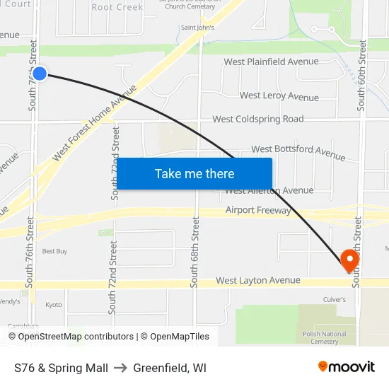 S76 & Spring Mall to Greenfield, WI map