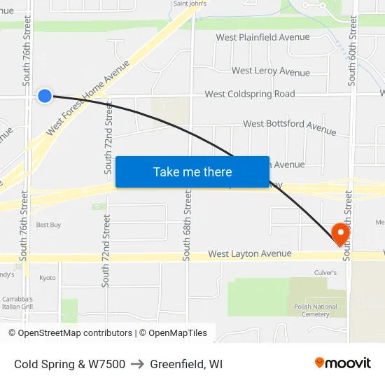 Cold Spring & W7500 to Greenfield, WI map