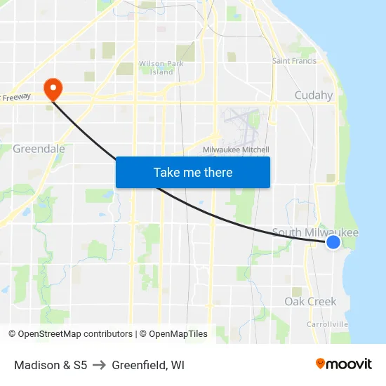 Madison & S5 to Greenfield, WI map