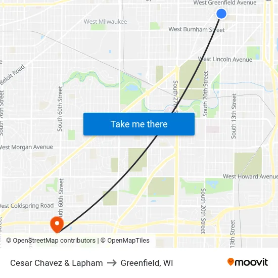 Cesar Chavez & Lapham to Greenfield, WI map