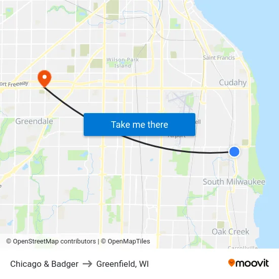 Chicago & Badger to Greenfield, WI map