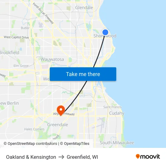 Oakland & Kensington to Greenfield, WI map