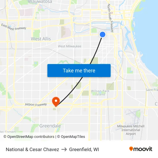 National & Cesar Chavez to Greenfield, WI map