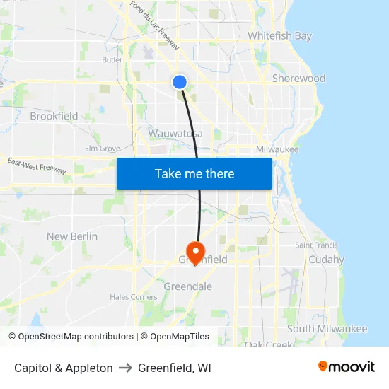 Capitol & Appleton to Greenfield, WI map